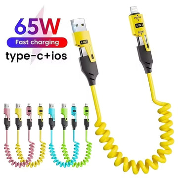 65W Quick Charge 4-in-1 Cable | Spring Retractable Data Wire⚡